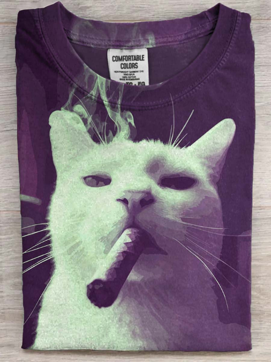 Funny Smoking Cat Print Casual Short-Sleeve T-Shirt