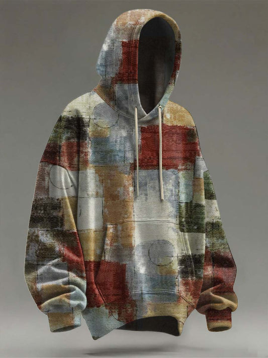 Retro Abstract Color-Block Print Casual Hooded Sweatshirt