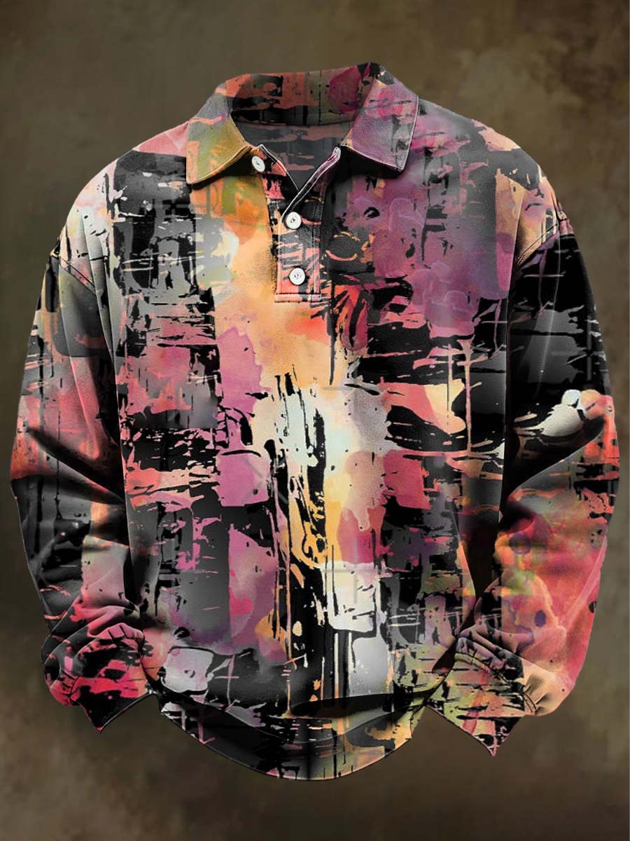 Abstract Art Print Casual Long-Sleeve Polo Shirt