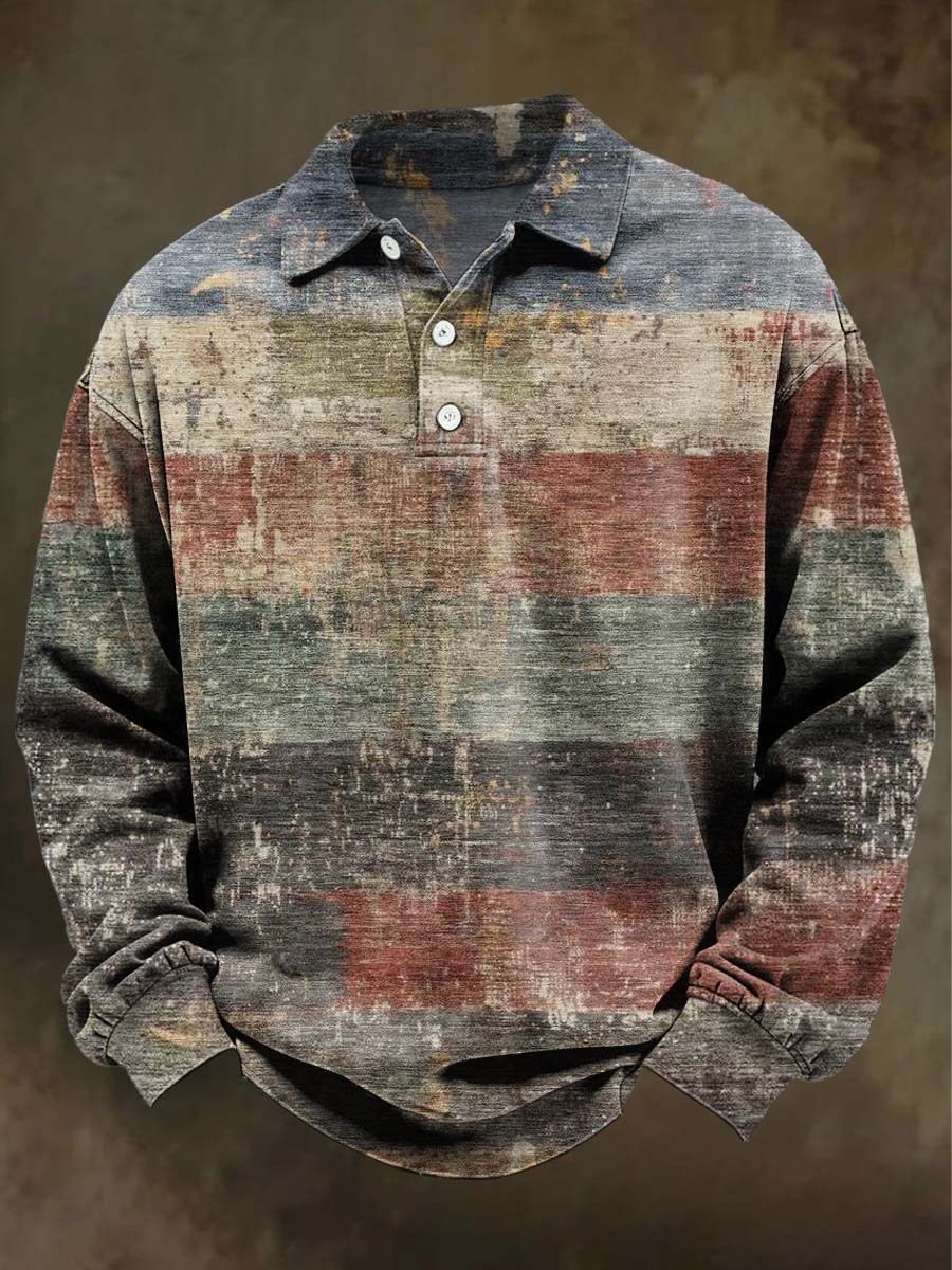 Abstract Retro Color-Block Striped Print Casual Long-Sleeve Polo Shirt