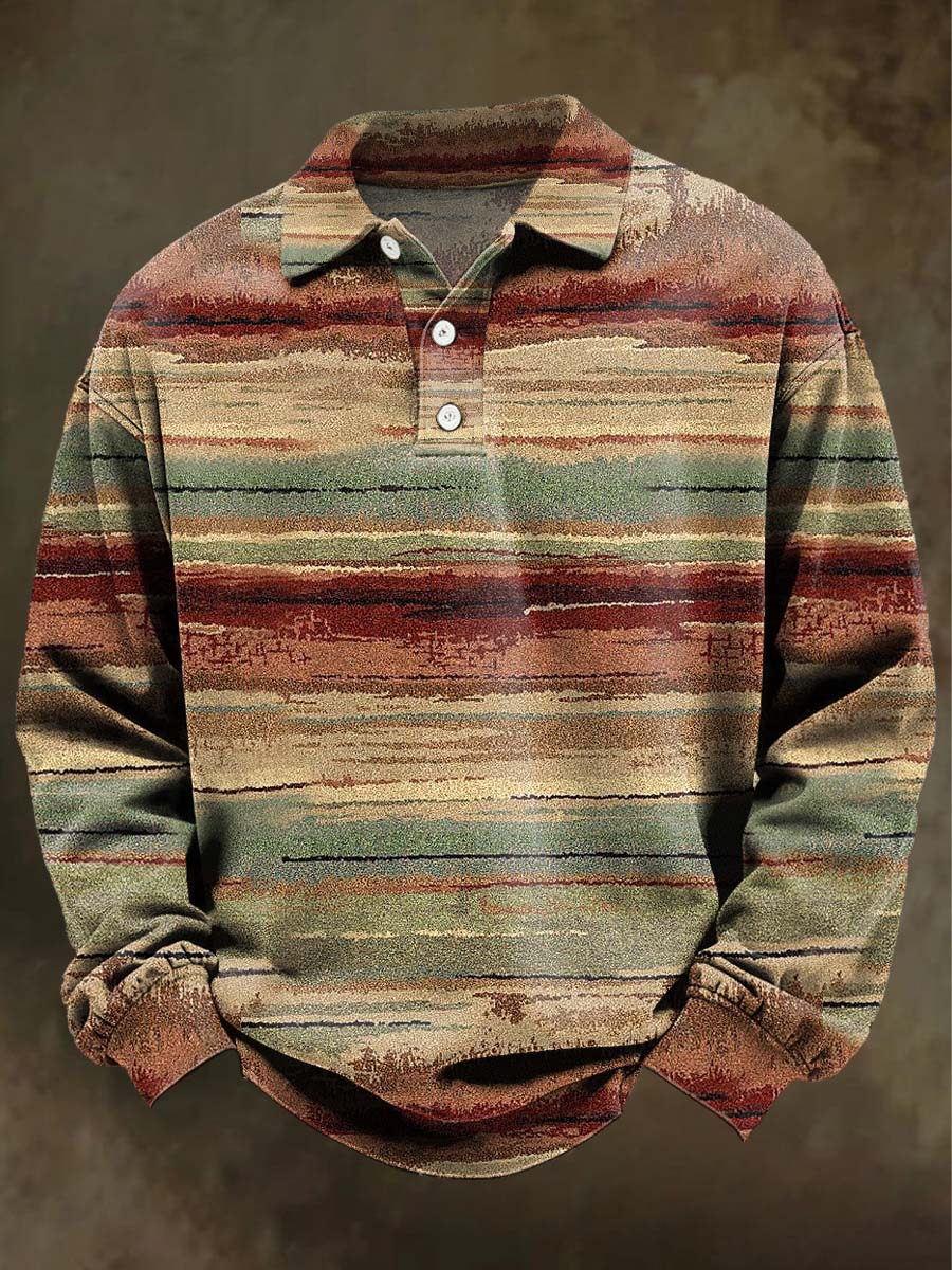 Abstract Retro Color-Block Striped Print Casual Long-Sleeve Polo Shirt