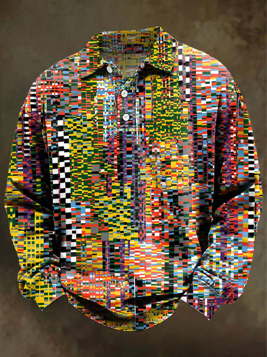 Abstract Gradient Geometric Print Casual Long-Sleeve Polo Shirt
