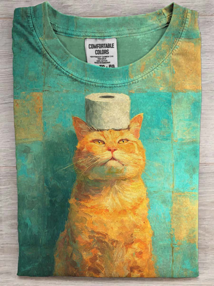 Funny Toilet Paper Cat Print Casual Short-Sleeve T-Shirt