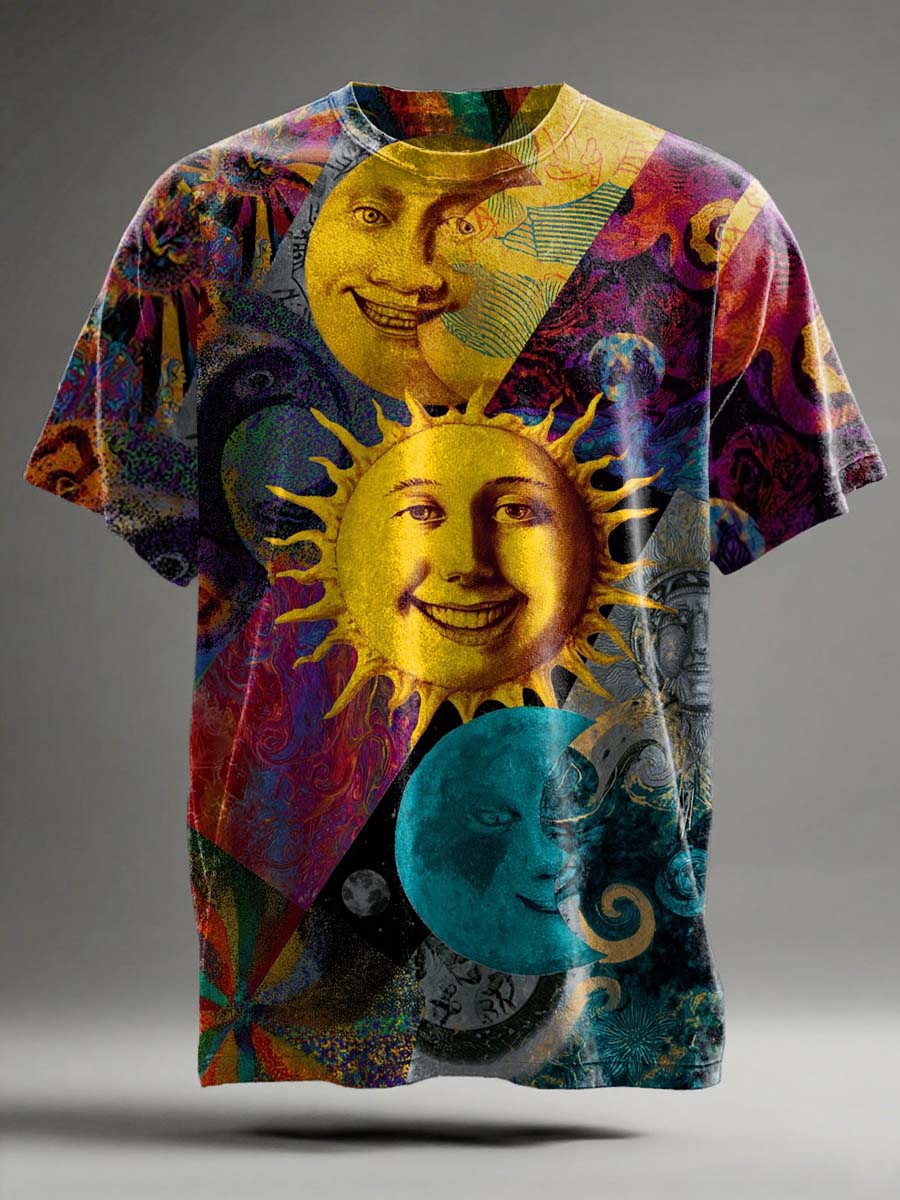Abstract Moon and Sun Print Casual Short-Sleeve T-Shirt