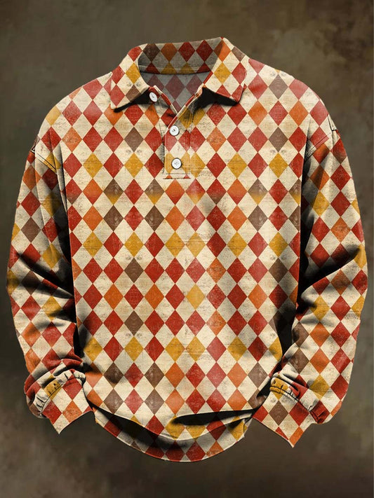 Abstract Vintage Plaid Print Casual Long-Sleeve Polo Shirt