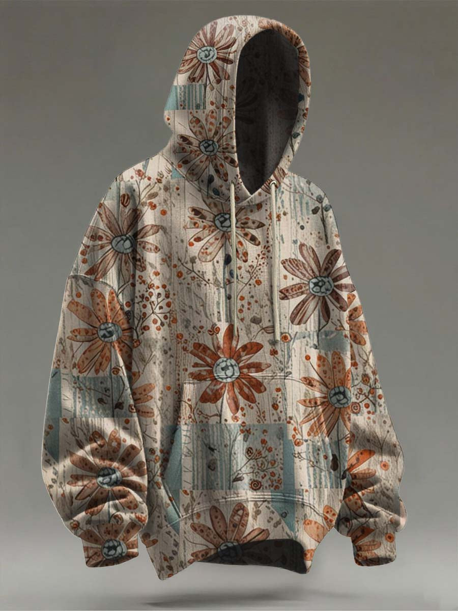 Retro Floral Print Casual Hooded Sweatshirt