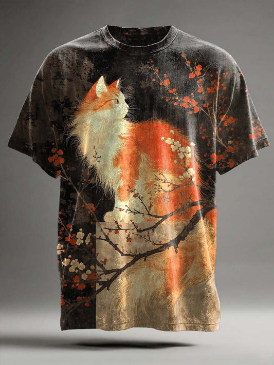 Retro Cat Print Casual Short-Sleeve T-Shirt