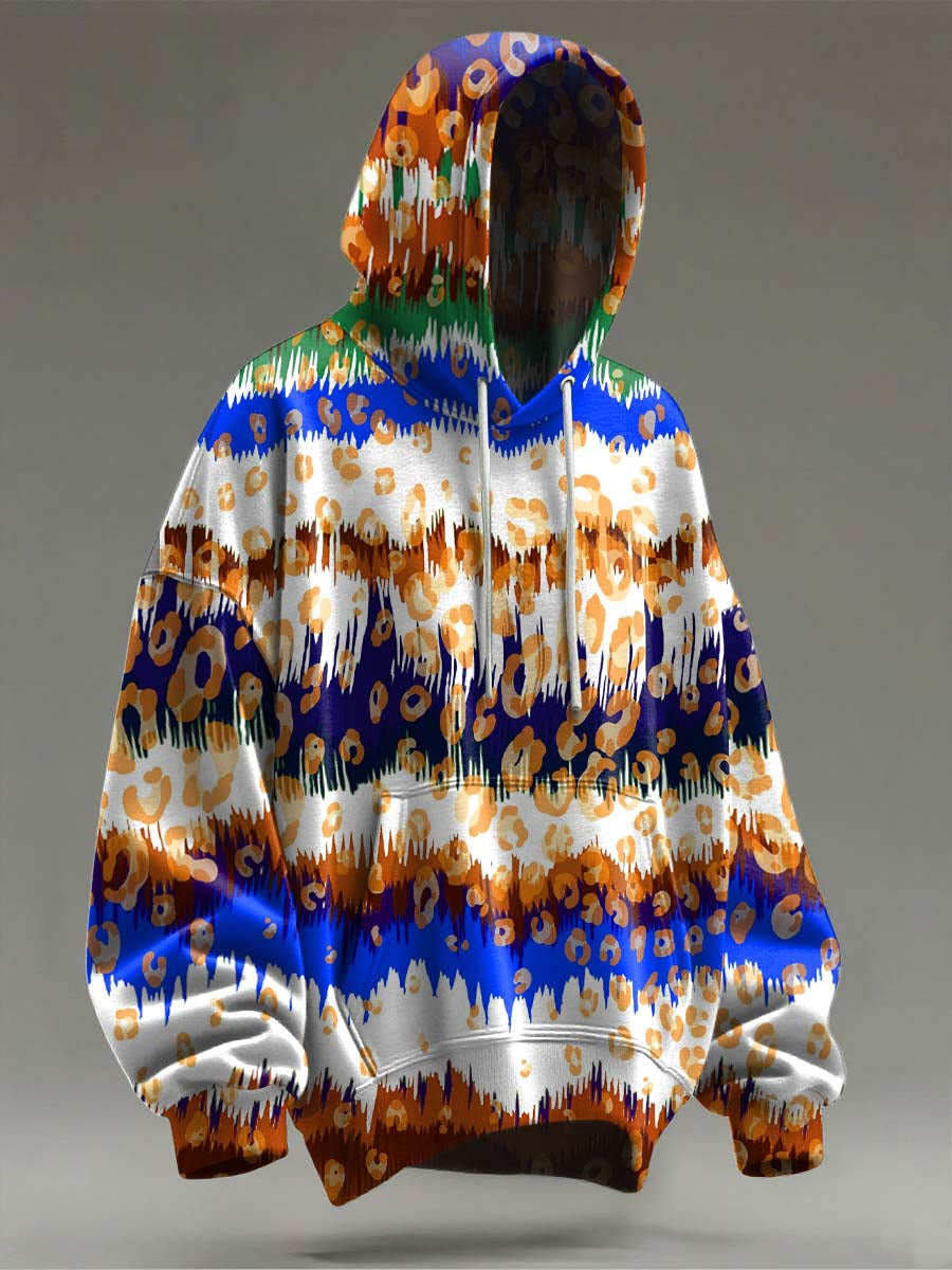 Abstract Stripe and Leopard Print Contrast Color Casual Hooded Sweatshirt