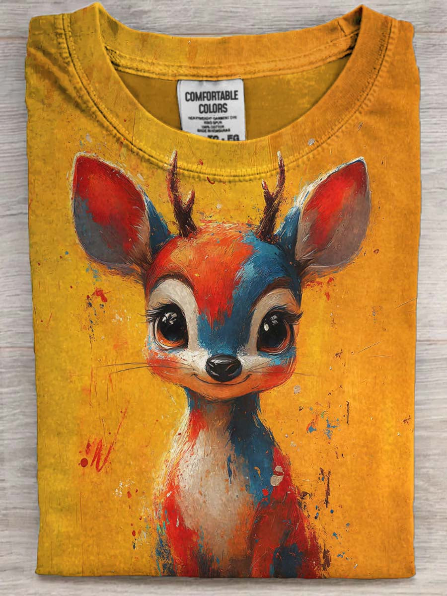 Cute Sika Deer Print Casual Short-Sleeve T-Shirt