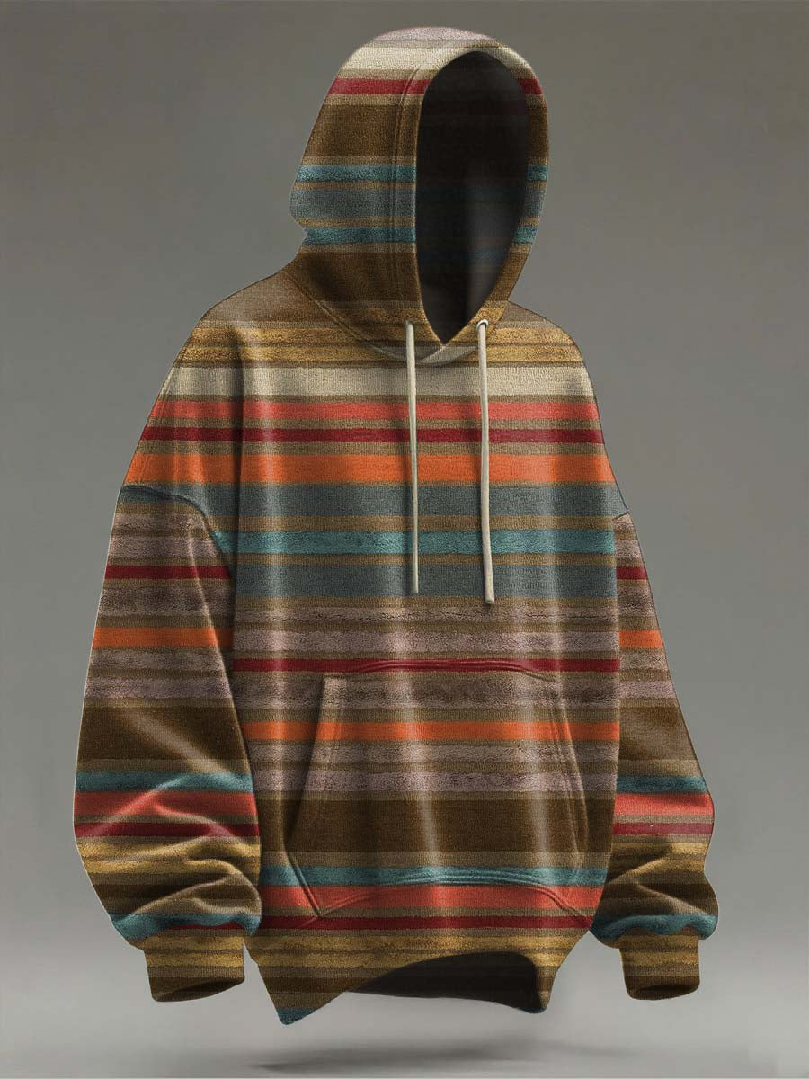 Retro Striped Print Casual Hooded Sweatshirt