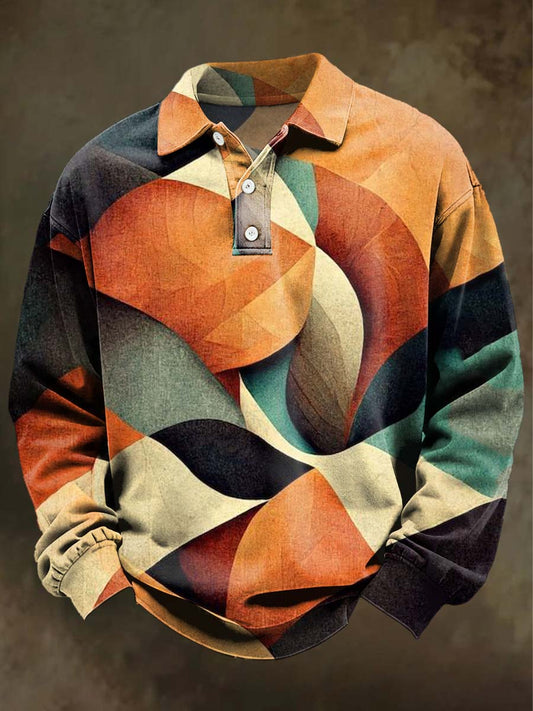 Abstract Irregular Geometric Print Casual Long-Sleeve Polo Shirt