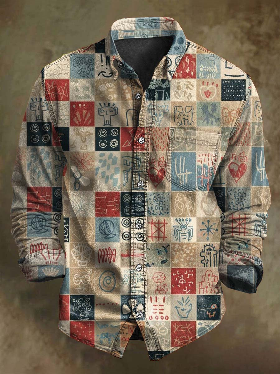 Abstract Checkered Print Casual Long-Sleeve Shirt