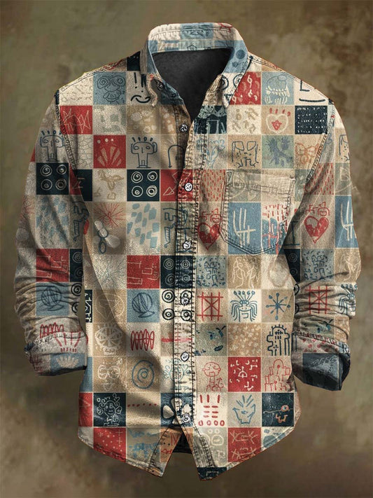 Abstract Checkered Print Casual Long-Sleeve Shirt