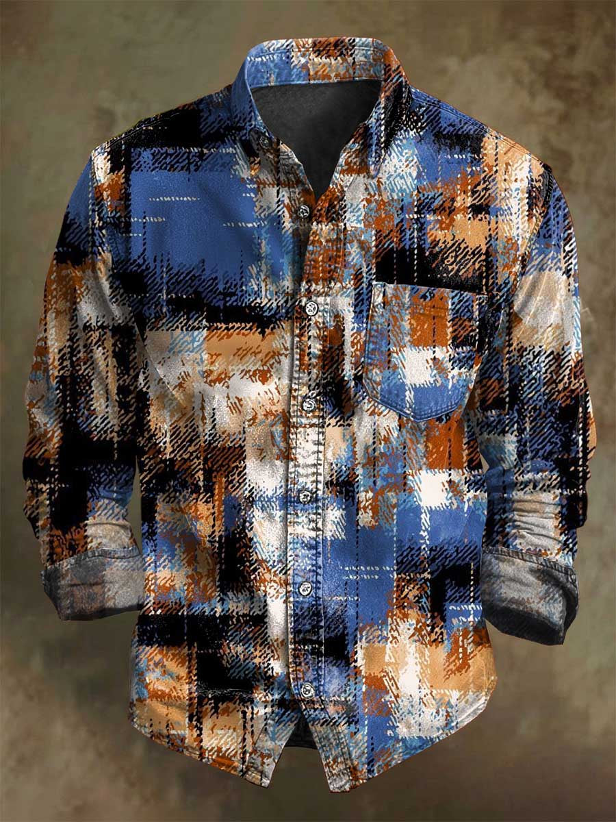 Abstract Color-Block Check Print Casual Long-Sleeve Shirt