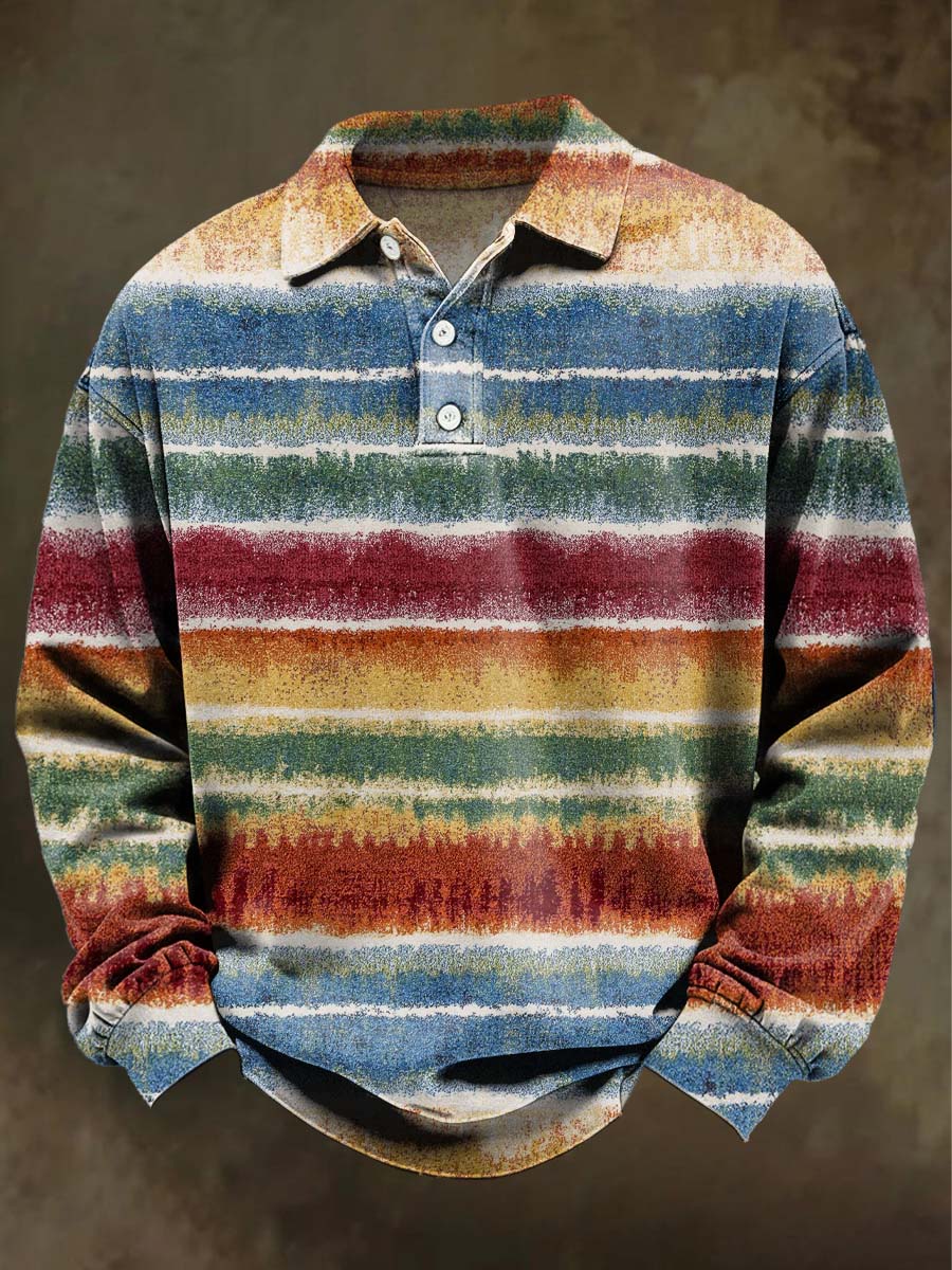 Retro Color-Block Striped Print Casual Long-Sleeve Polo Shirt