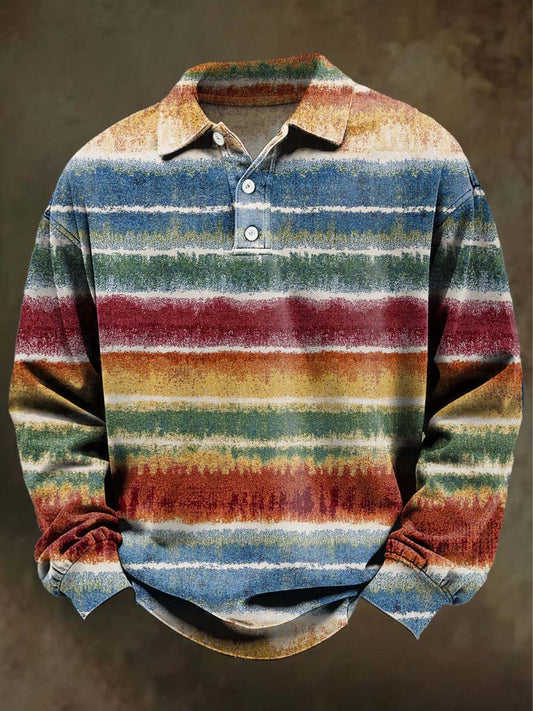 Retro Color-Block Striped Print Casual Long-Sleeve Polo Shirt