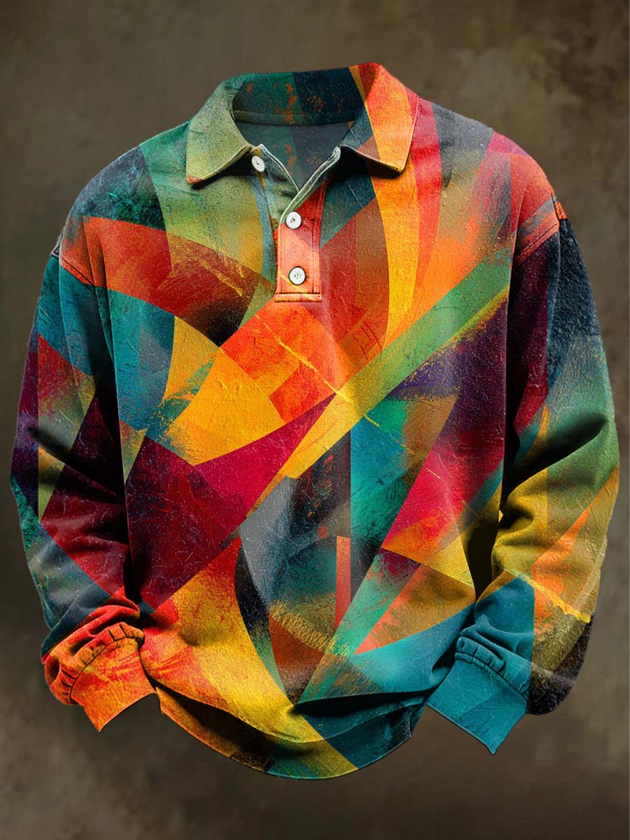 Abstract Irregular Geometric Print Casual Long-Sleeve Polo Shirt