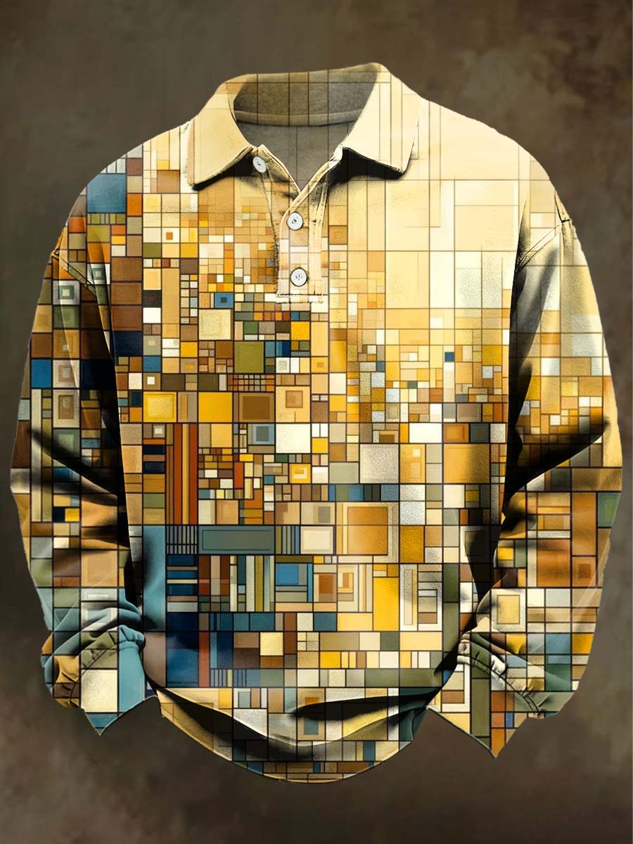 Abstract Gradient Block Print Casual Long-Sleeve Polo Shirt