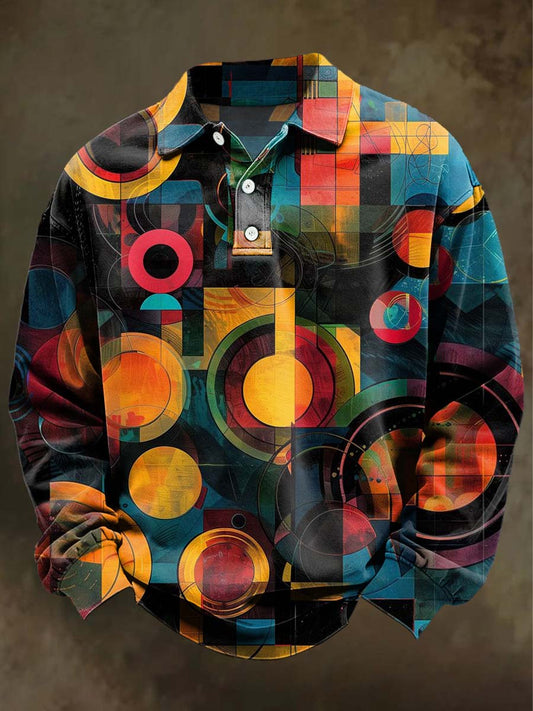 Abstract Irregular Geometric Print Casual Long-Sleeve Polo Shirt