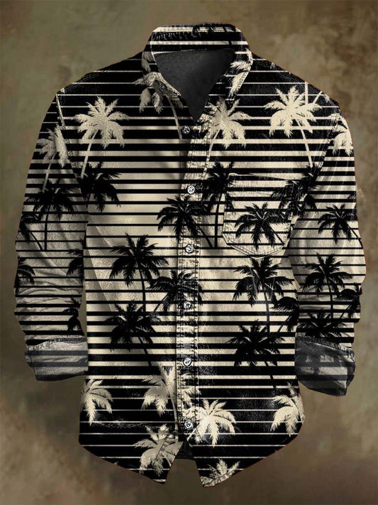 Striped Coconut Tree Print Casual Long-Sleeve Shirt
