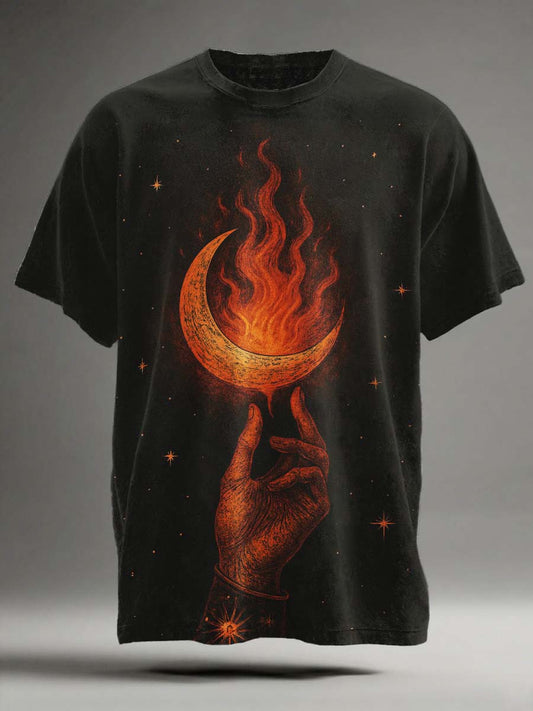 Abstract Flame Moon Print Casual Short-Sleeve T-Shirt