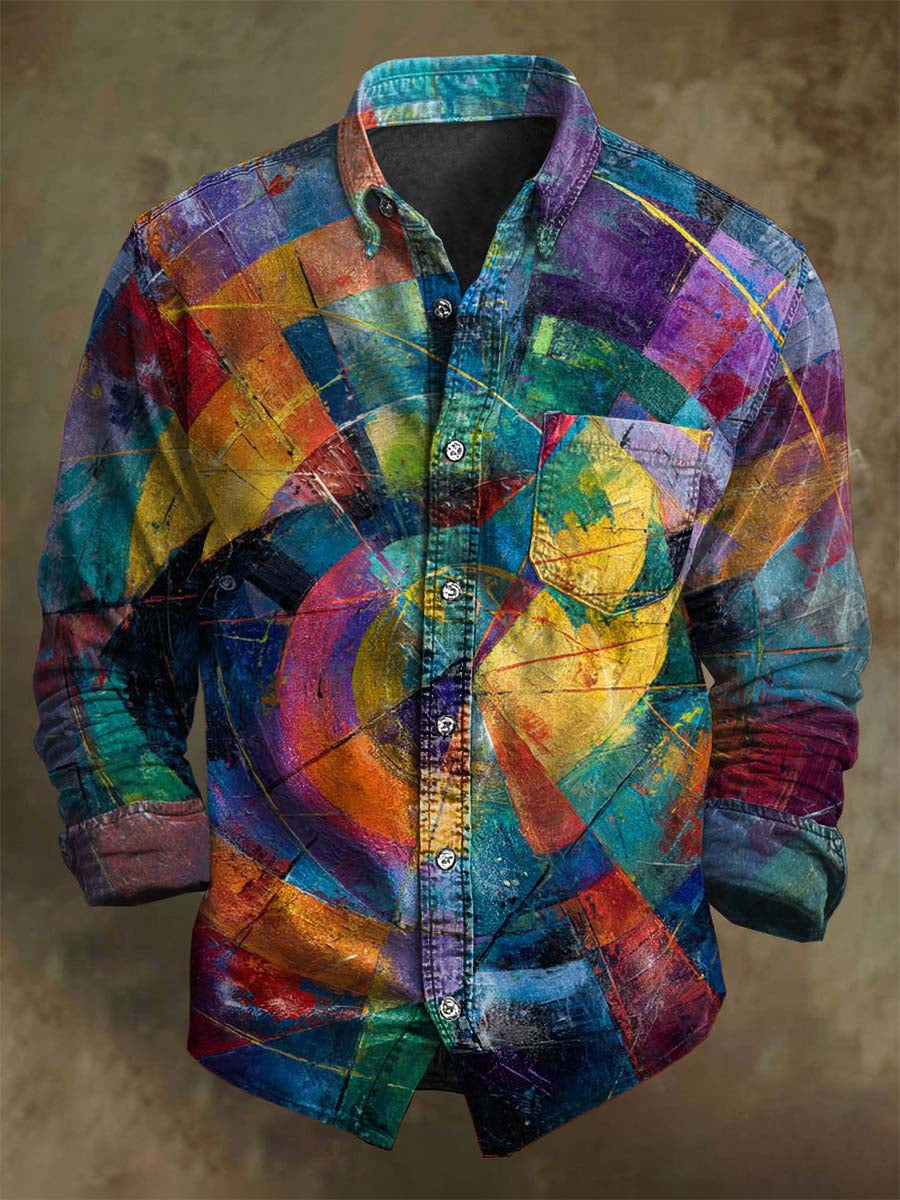 Colorful Irregular Patchwork Print Casual Long-Sleeve Shirt