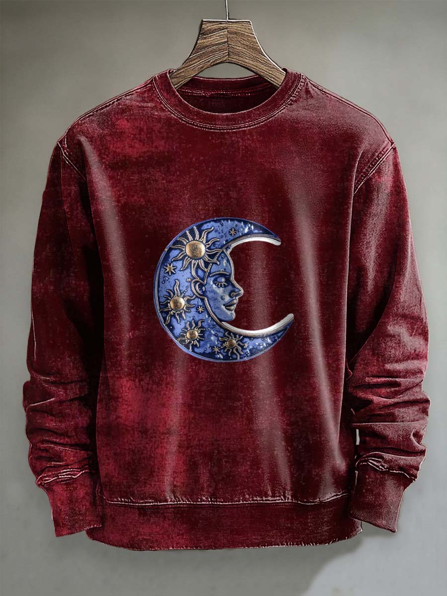 Abstract Moon and Sun Print Casual Crewneck Sweatshirt