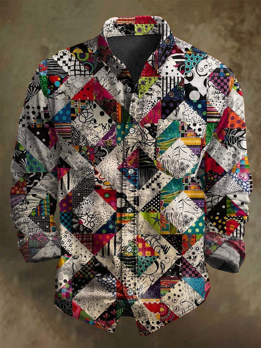 Abstract Geometric Patchwork Print Casual Long-Sleeve Shirt