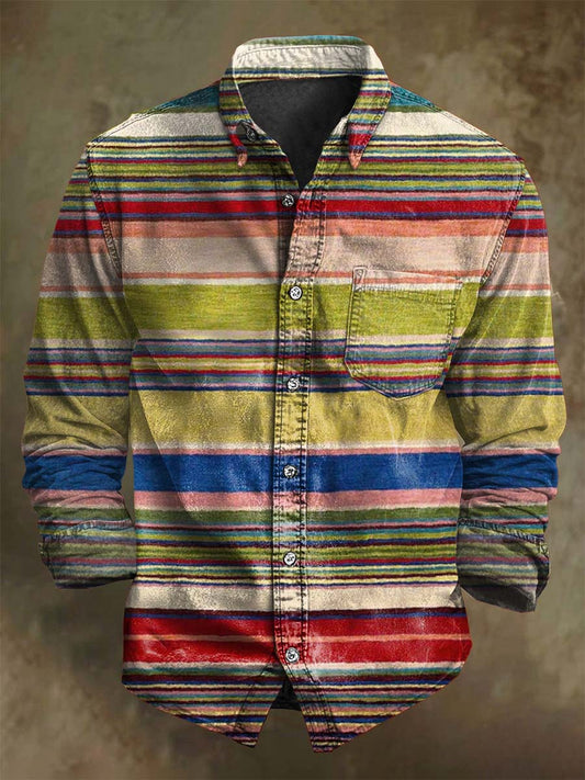 Abstract Retro Contrast-Color Striped Print Casual Long-Sleeve Shirt