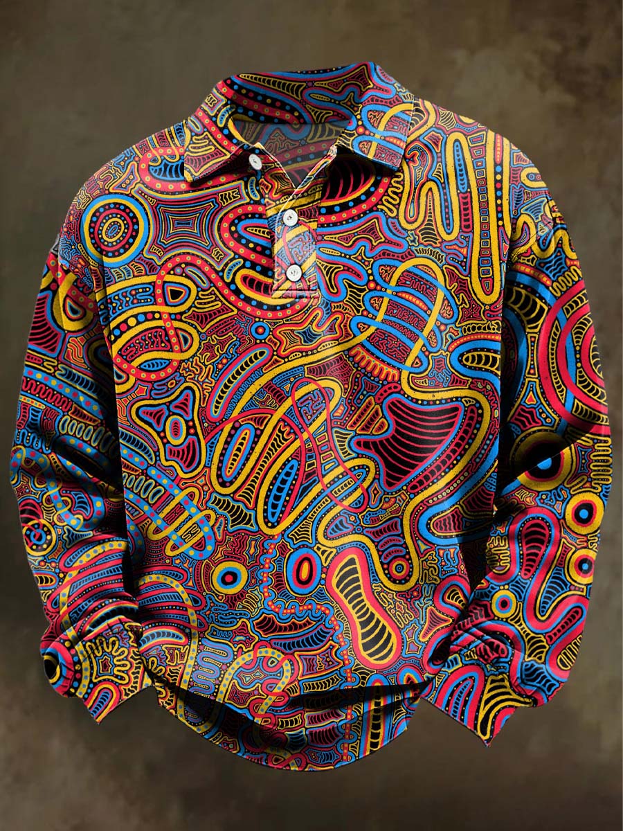 Abstract Psychedelic Print Casual Long-Sleeve Polo Shirt