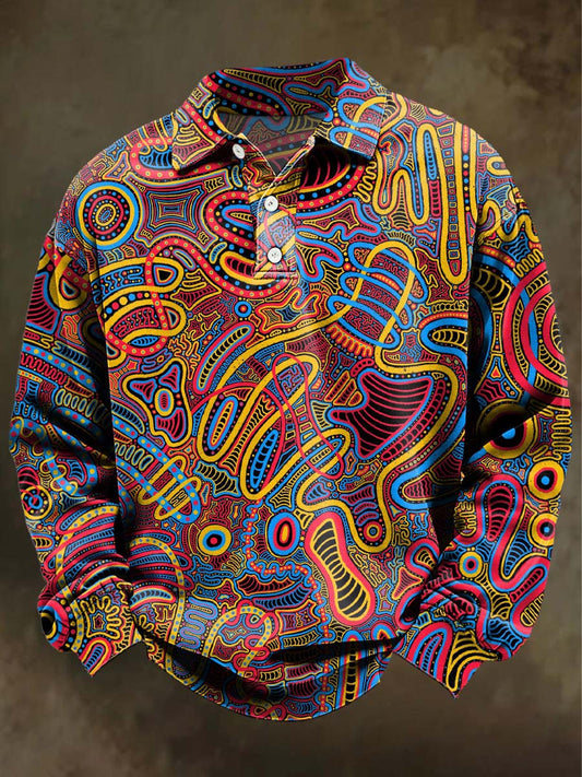 Abstract Psychedelic Print Casual Long-Sleeve Polo Shirt