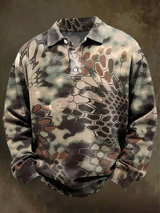 Abstract Geometric Print Casual Long-Sleeve Polo Shirt