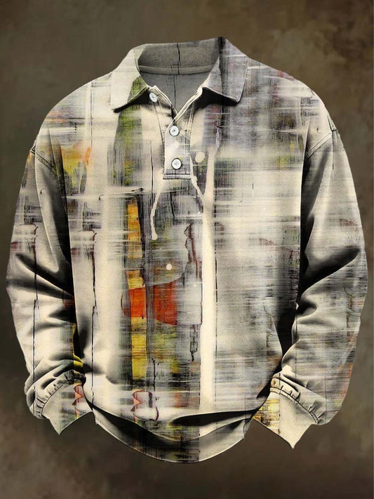 Oil Painting Abstract Design Printed Casual Long-Sleeve Polo Shirt