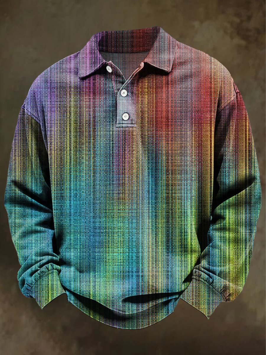 Abstract Color Stripe Print Casual Long-Sleeve Polo Shirt