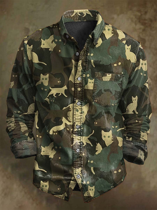 Abstract Cat Camouflage Print Casual Long-Sleeve Shirt