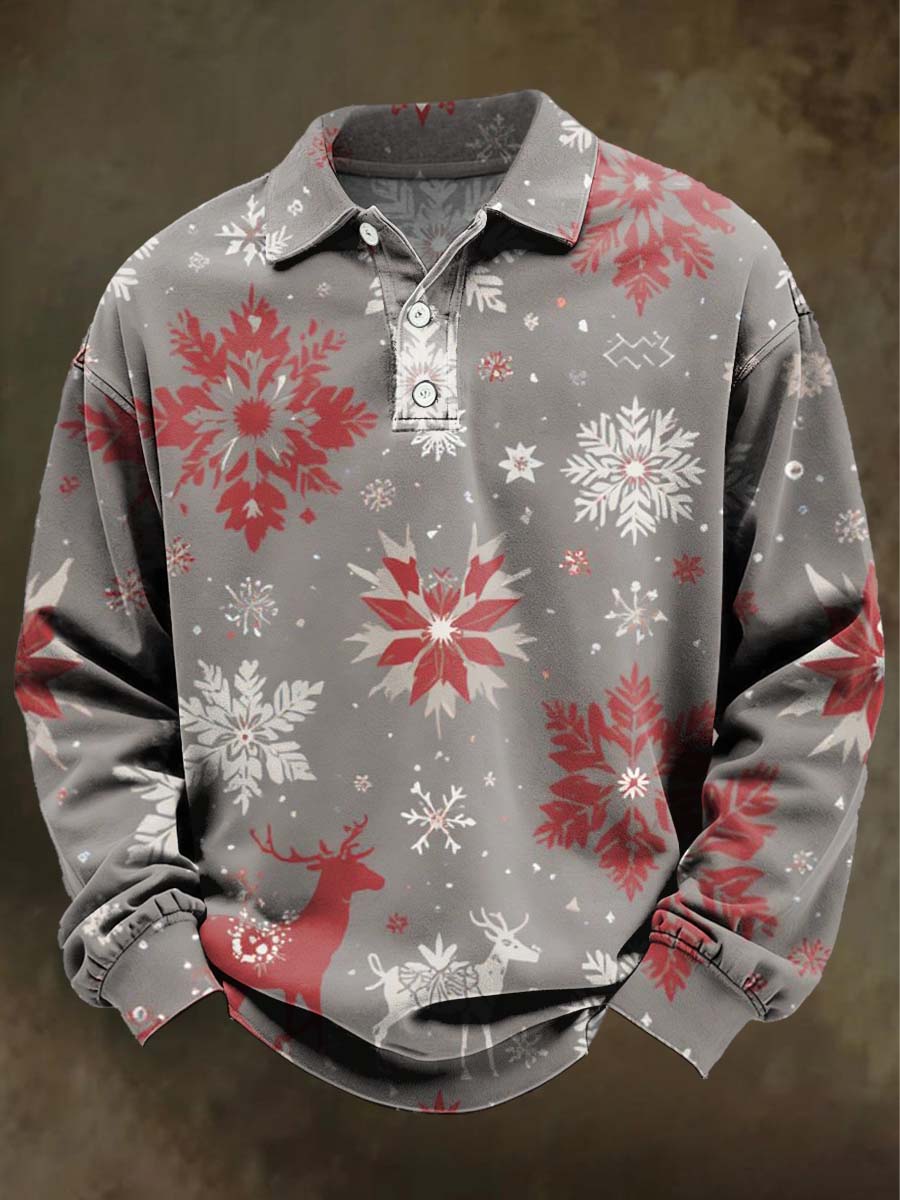 Christmas Snowflake Print Casual Long-Sleeve Polo Shirt