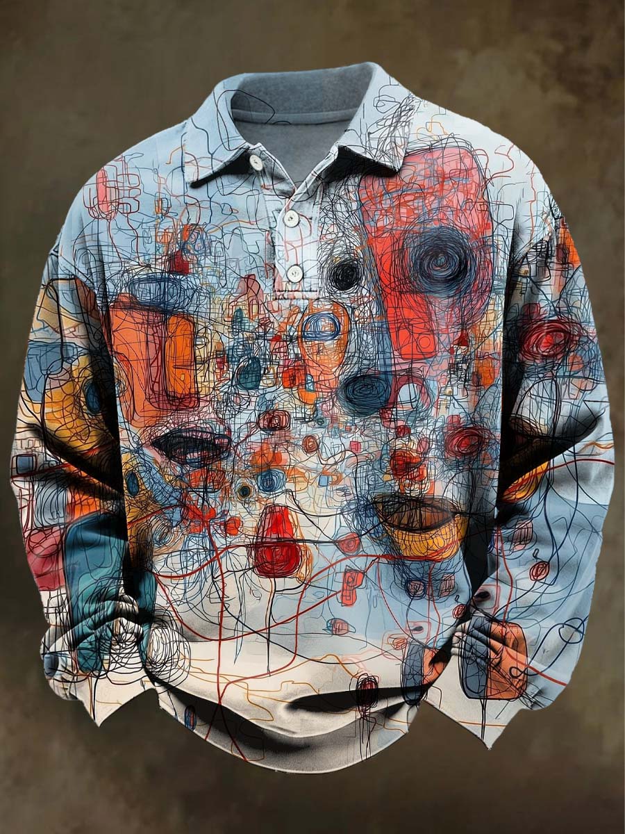 Abstract Line Print Casual Long-Sleeve Polo Shirt