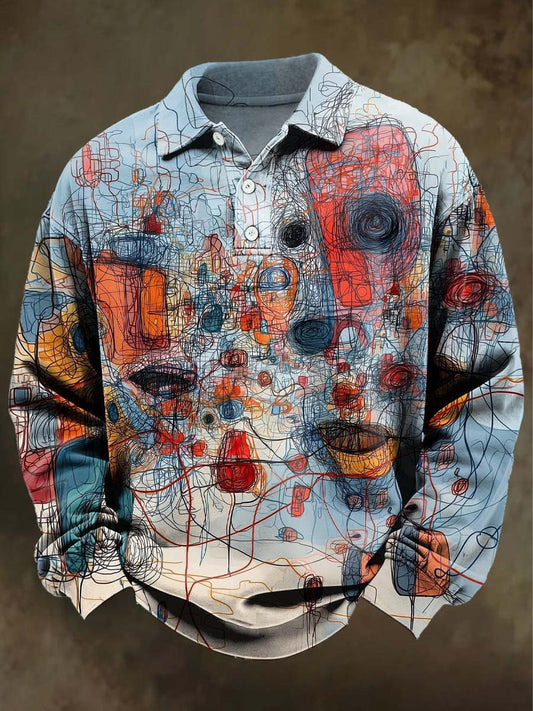 Abstract Line Print Casual Long-Sleeve Polo Shirt