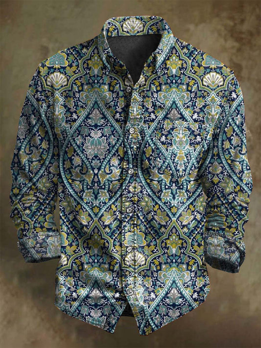 Retro Ethnic Floral Print Casual Long-Sleeve Shirt