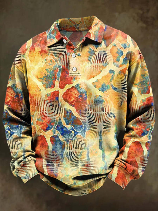Abstract Animal Print Casual Long-Sleeve Polo Shirt