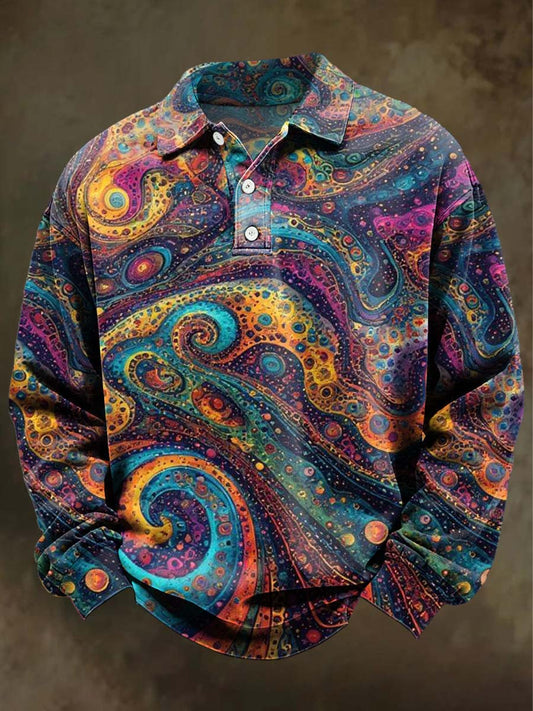 Abstract Psychedelic Print Casual Long-Sleeve Polo Shirt