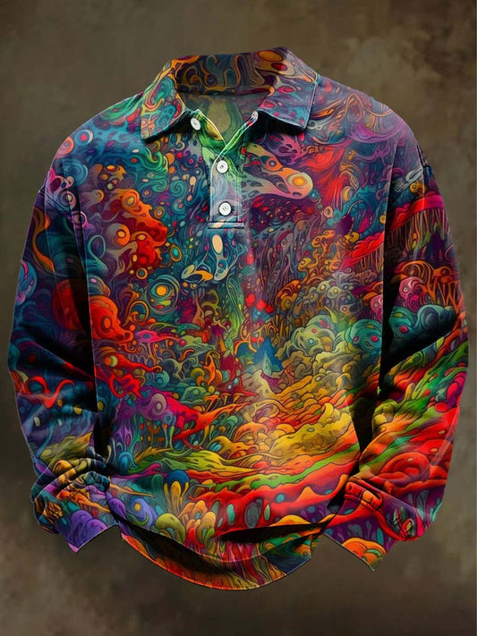 Abstract Psychedelic Print Casual Long-Sleeve Polo Shirt