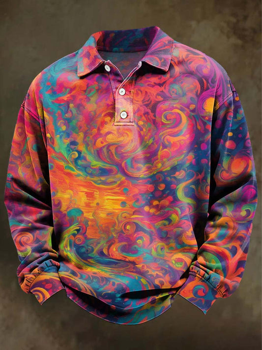 Abstract Psychedelic Print Casual Long-Sleeve Polo Shirt
