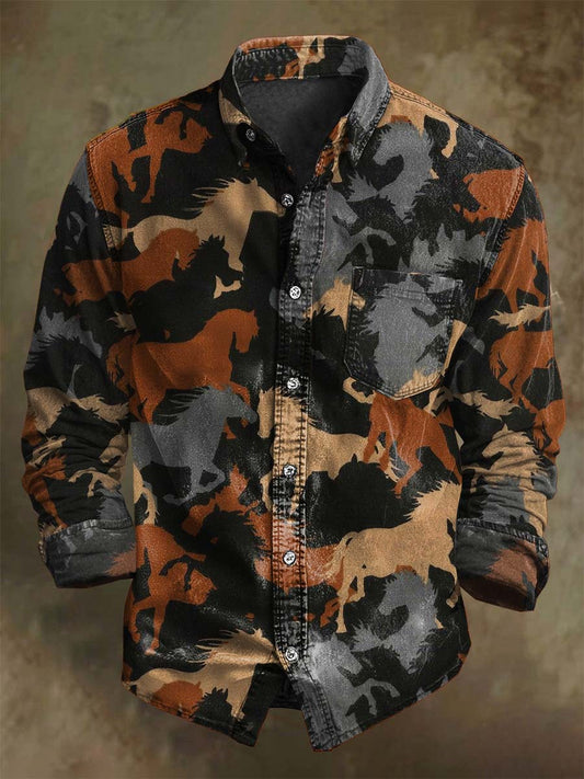 Abstract Western Horse Print Casual Long-Sleeve Shirt