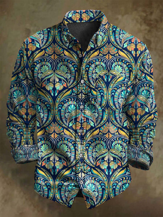 Retro Ethnic Floral Print Casual Long-Sleeve Shirt