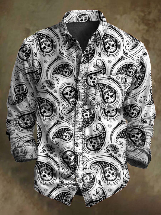 Retro Cashew Flower Skull Print Casual Long-Sleeve Shirt