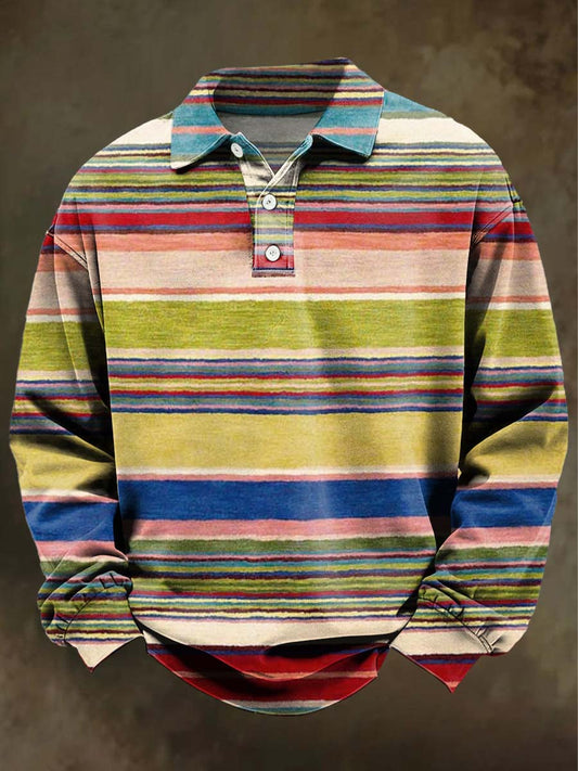 Retro Striped Print Casual Abstract Polo Shirt