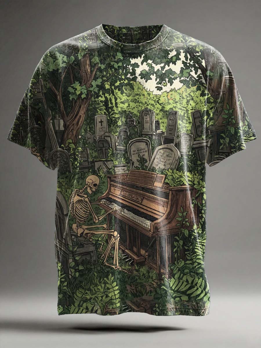 Abstract Skull Piano Print Casual Short-Sleeve T-Shirt