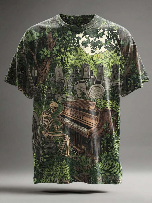 Abstract Skull Piano Print Casual Short-Sleeve T-Shirt
