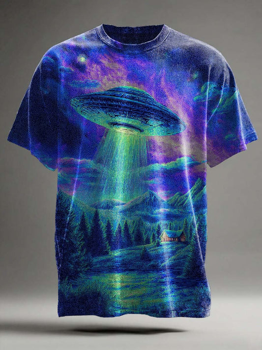 Abstract Shimmering Spaceship Print Casual Short-Sleeve T-Shirt